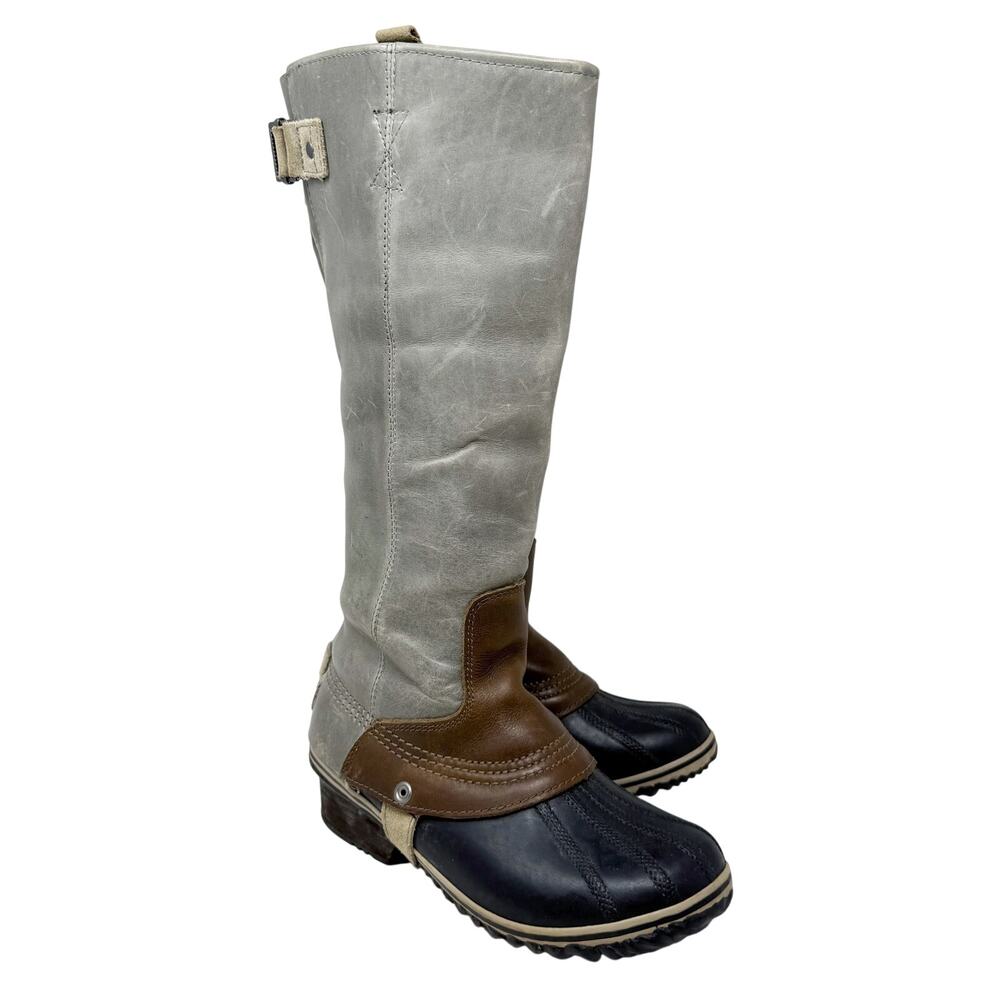 Sorel Gray Leather Slimpack Tall Boots Women's Size 8 VGUC Pull On Fleece Lined